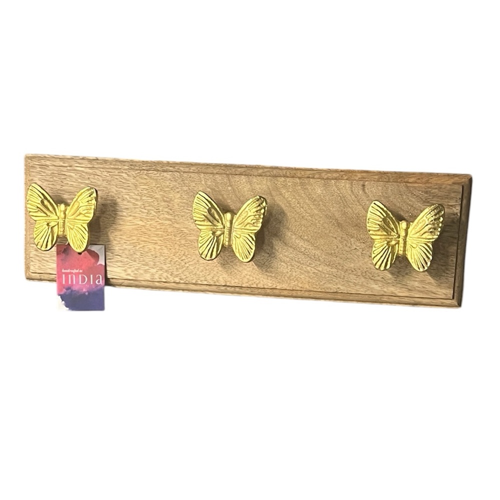 NWT 3 Butterfly Gold Toned Hooks mounted on wood panel